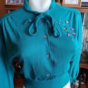 Vintage Women's Top Small 1970's You Babes Cropped Knit Teal Rhinestones Goucho